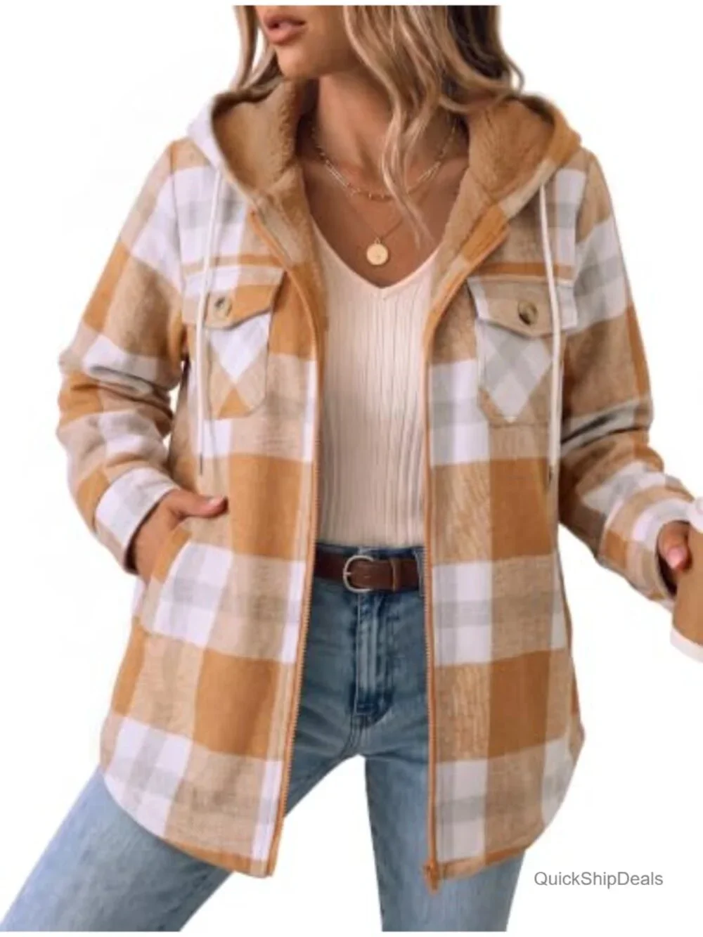 Womens Flannel Plaid Shacket Fleece Lined Hooded Winter Coat Long Sleeve Zip Up